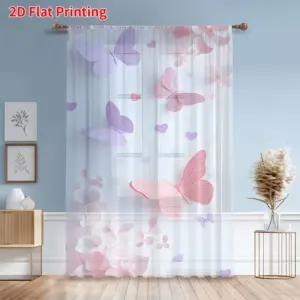 Voilage imprimé papillons et cœurs rose et violet – lot de 2