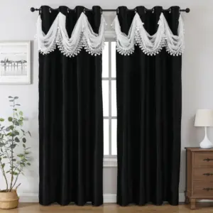 Rideau noir double couche à cantonnière ondulée blanche