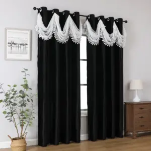 Rideau noir double couche à cantonnière ondulée blanche – vue 2