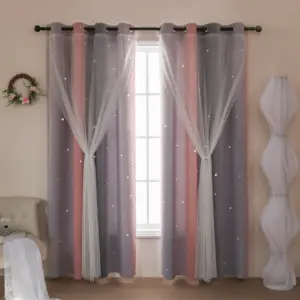 Rideau double couche dégradé rose et gris avec voilage étoilé
