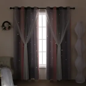 Rideau double couche dégradé rose et gris avec voilage étoilé – vue 2
