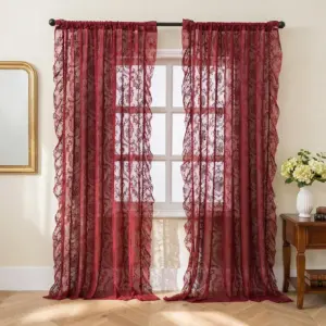 Rideau dentelle bordeaux vintage à volants – passe-tringle – vue 2